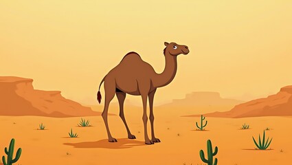 Camel in the desert, calm mood, standing amidst cacti under a warm sun