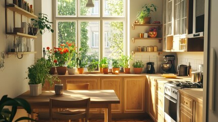 A bright and airy kitchen in a small house, with elegant wooden furniture, vibrant houseplants on the windowsill, and a cozy dining area perfect for enjoying meals