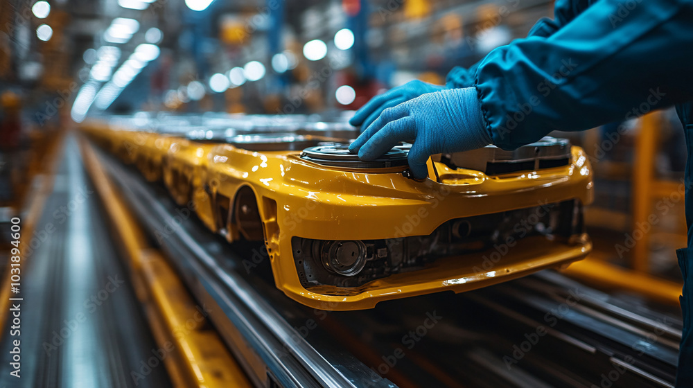 Poster gloved hands handle a sleek yellow car body on a production line. the repetitive process is accentua