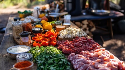 Obraz premium A close-up image of a colorful array of ingredients, such as spices, vegetables, and meats, laid out on a picnic table, ready for cooking at a scenic camping location
