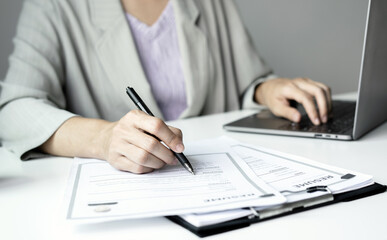 Business woman employer holding resume hiring recruit looking cv resume to hire candidates,...