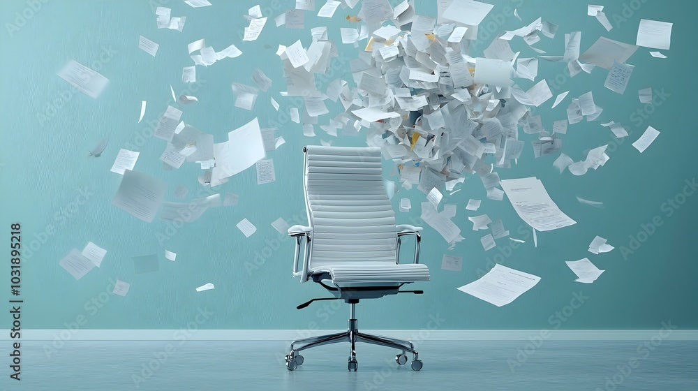 Aufkleber empty office chair surrounded by floating documents symbolic of the concept of remote work flexibili