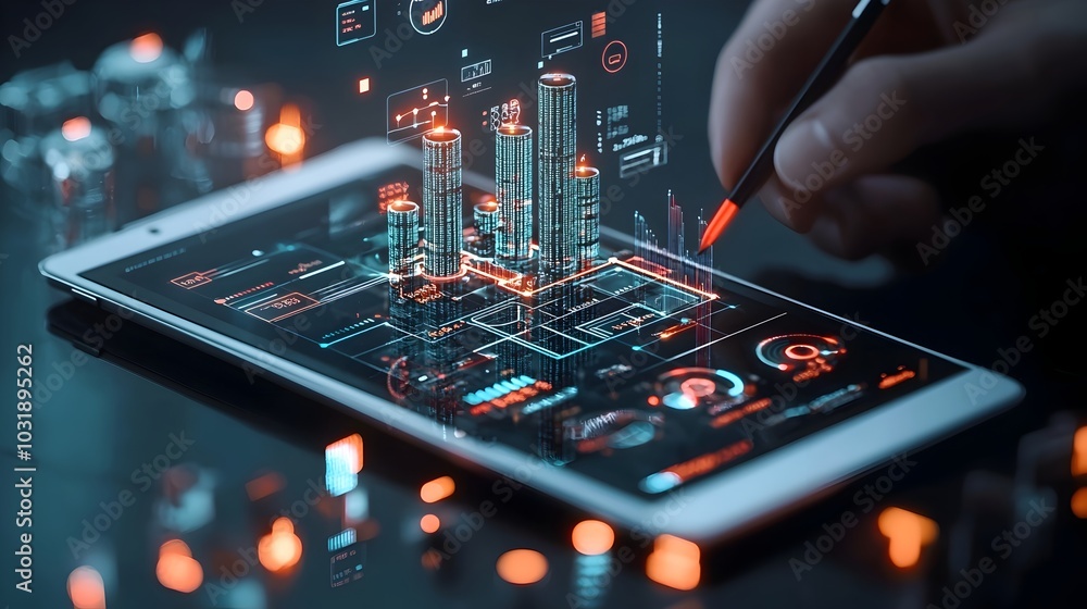 Leinwandbilder Emerging abstract 3D charts graphs and data visualizations from a digital tablet on a sleek dark minimalist surface  Conceptual showcasing innovative analytics and corporate business technology