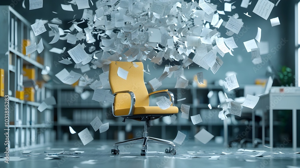 Poster empty office chair surrounded by floating documents symbolizing the concept of remote work and the c