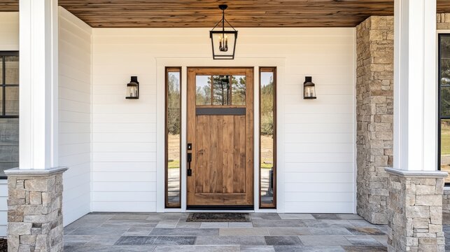 Modern Home Entrance with Elegant Wooden Door and Stone Pillars