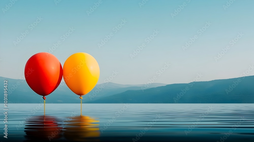 Poster Enchanting scene of colorful balloons gently floating and reflected on the serene surface of a calm lake creating a captivating and dreamlike atmosphere