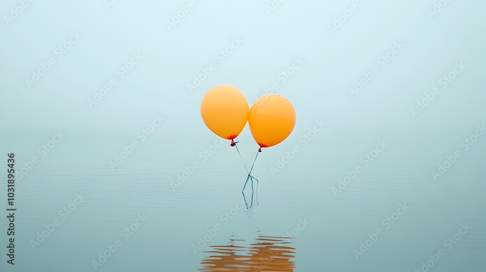Aufkleber Enchanting scene of colorful balloons gently floating on the calm mirror like surface of a tranquil lake creating a dreamlike surreal reflection that evokes a sense of wonder and peaceful solitude