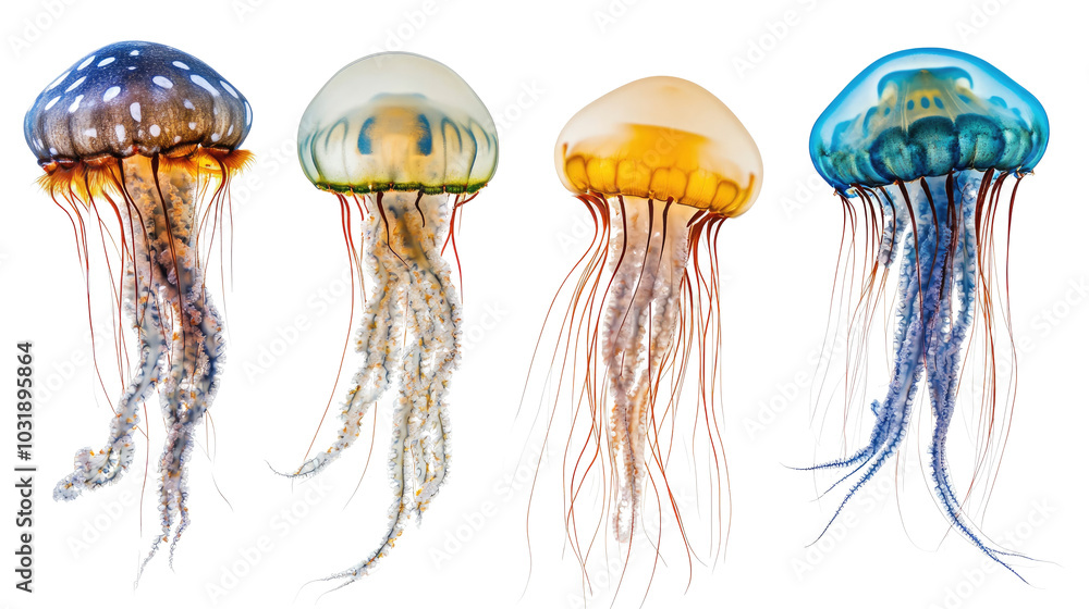 Poster colorful jellyfish collection on a transparent base generative ai
