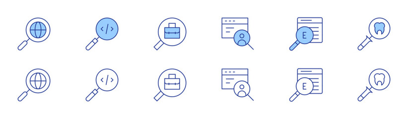 Search icon set in two styles, Duotone and Thin Line style. Editable stroke. online recruitment, search, analysis, job search