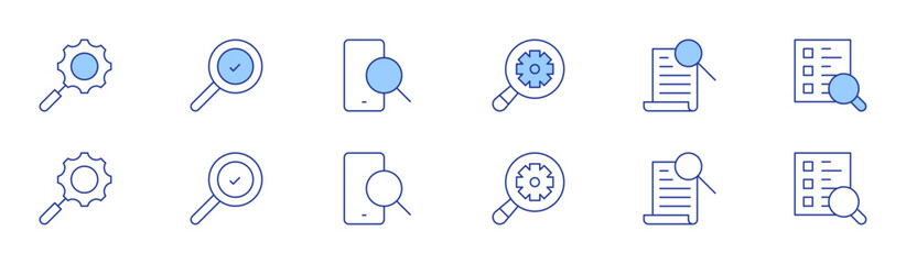 Search icon set in two styles, Duotone and Thin Line style. Editable stroke. search, gear, discovery, search survey