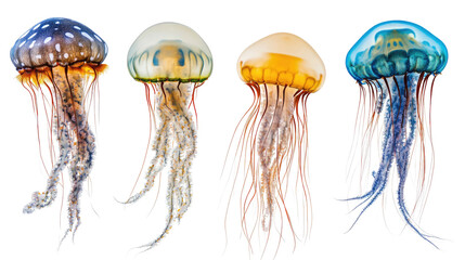 Colorful Jellyfish Collection on a Transparent Base Generative AI