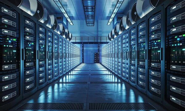 Futuristic data center interior with rows of server racks and state of the art digital equipment showcasing the infrastructure and technology behind modern information systems and cloud computing 