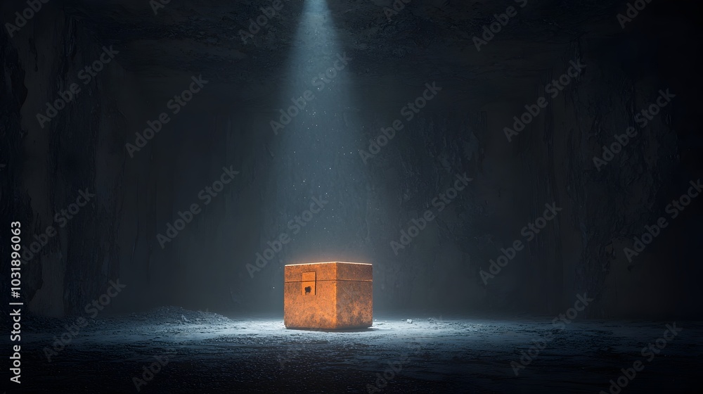 Poster enigmatic locked chest radiating a captivating beam of light seeping out symbolizing the hidden hope