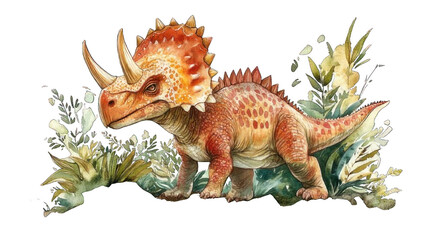Collection of PNG. Dinosaurs watercolor painting. Triceratops, stegosaurus, ankylosaurus, isolated on a transparency background.