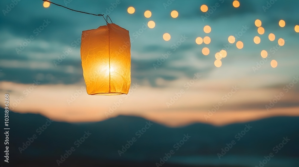 Poster Ethereal Lantern Floating in the Nighttime Sky Representing Dreams and Hope Taking Flight  The serene and luminous image captures the symbolic release of a paper lantern