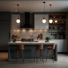 Modern kitchen interior design with sleek appliances, white cabinets, and a wooden island with three bar stools.