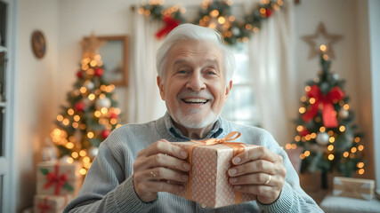 Elderly Man with Gift in Festive in Living Room, Happy Holiday