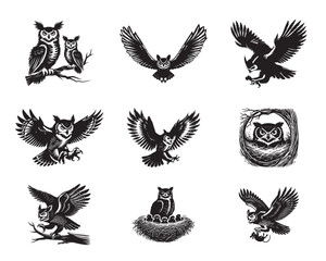 Fototapeta premium Collection of Great horned Owl Silhouette Design - Great horned Owl Vector illustration 