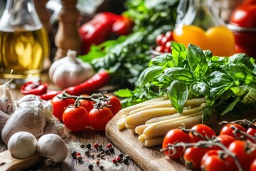 Fresh pasta ingredients lying on rustic kitchen table
