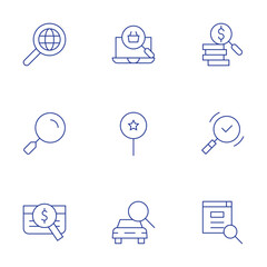 Search icons set. Thin Line style, editable stroke. search, searching, global, loupe, paid search