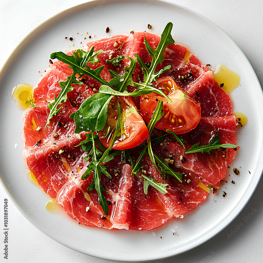 Wall mural beef carpaccio salad with tomatoes and arugula