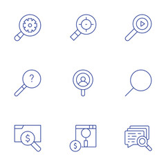 Search icons set. Thin Line style, editable stroke. searching, gear, looking for answer, paid search