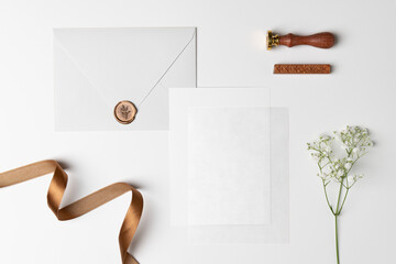 Wedding card mockup png, transparent paper, aesthetic flat lay stationery