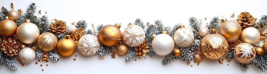 Decorative Christmas border with white and gold ornaments. Side view isolated on white.