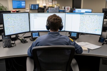 Police dispatcher working at a multi-screen communication console