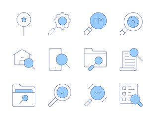Search icons. Line Duotone style, editable stroke. searching, search, folder, search house, gear, discovery, search survey
