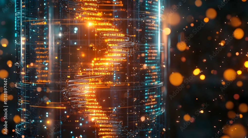 Poster futuristic dna sequencing machine reads and writes data in real time with glowing streams of genetic