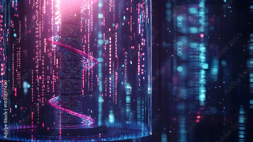 Poster futuristic dna sequencing machine reading and writing real time glowing data streams
