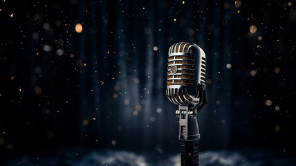 Silver microphone on a dark black background, musical sound equipment