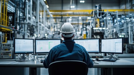Industrial engineer monitors factory operations on multiple screens