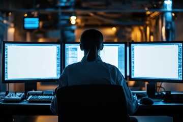 Cybersecurity specialist monitors screens in a secure operations center
