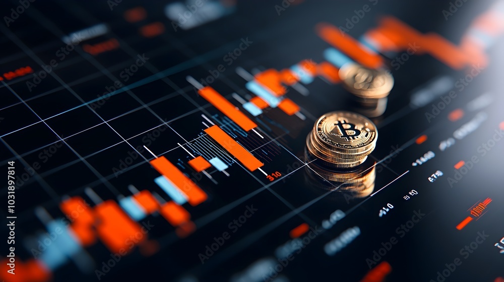 Aufkleber floating golden coins and financial graphs on a dark background symbolizing the connection between m