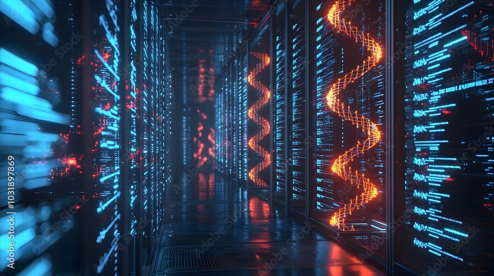 Poster secure digital vault storing valuable data in high tech dna strands visualization
