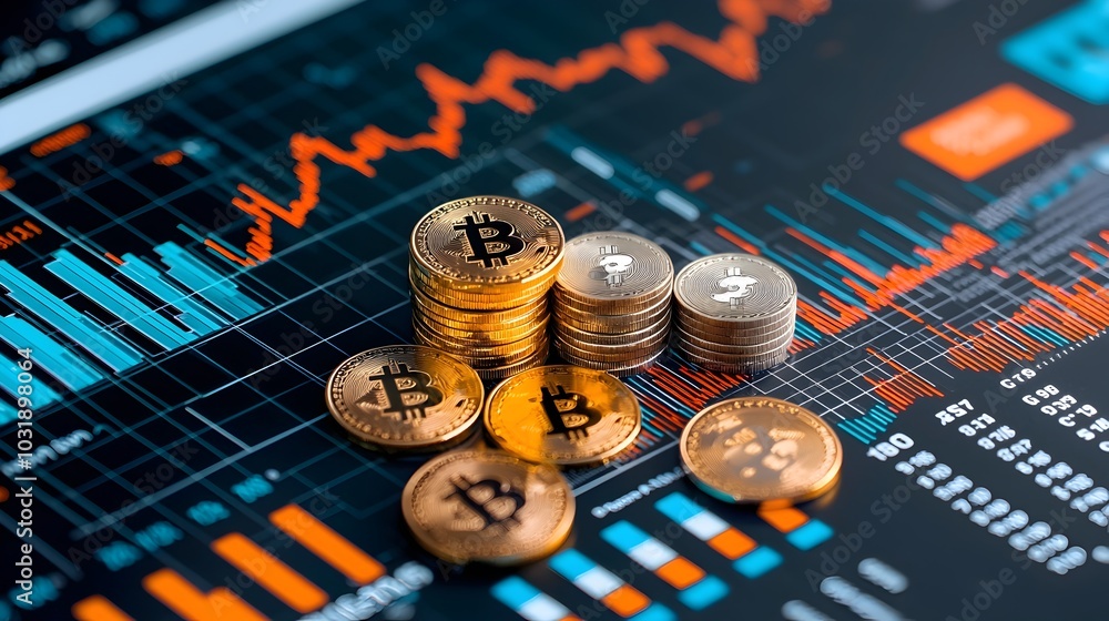 Aufkleber floating golden coins and financial graphs on a black background symbolizing the concept of profit w