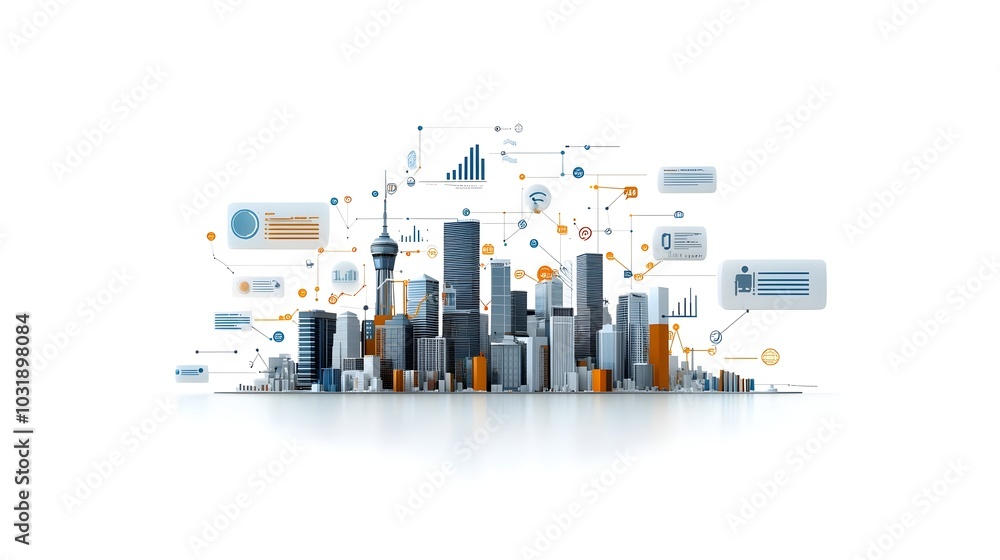 Fototapete Futuristic abstract city skyline made up of bar graphs symbolizing the growth and performance of a business or industry  The geometric shapes and data visualization elements create a modern