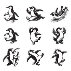 Obraz premium Collection of Funny Penguin ClipArt Design - Penguin Vector illustration in black and white