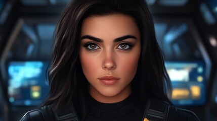  A tight shot of an individual donning a black top and Star Trek uniform, sporting a sci-fi focused expression