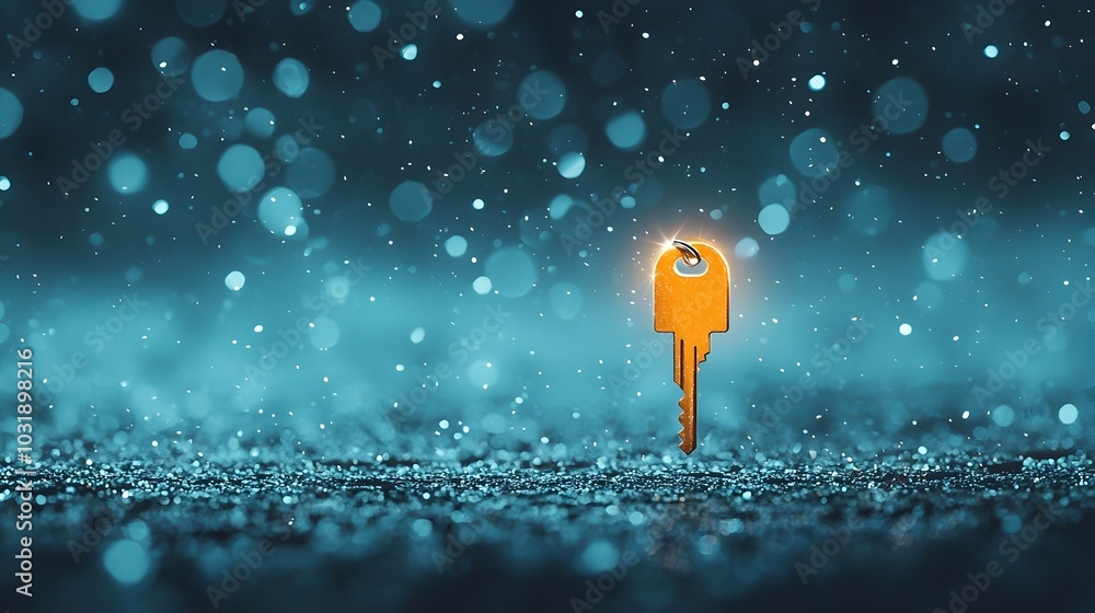 Poster glowing key on dark surface symbolizing the key to hope opportunity and future success concept of un