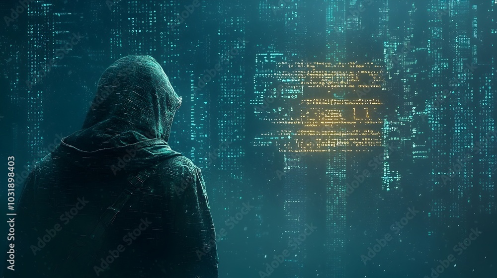 Fototapete Hacker infiltrating a computer system surrounded by abstract error codes and digital elements representing a cybersecurity breach and technological threat