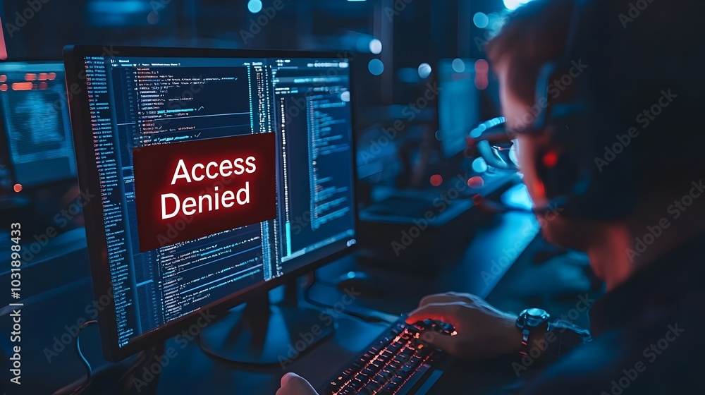 Aufkleber Hacker s hands typing on a keyboard with a prominent red  Access Denied  message displayed on the computer screen symbolizing a cybersecurity breach or attempted intrusion into a protected system