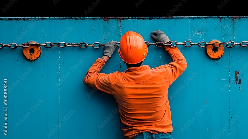 Poster hardworking dockworkers carefully securing cargo containers on a large shipping vessel using heavy d