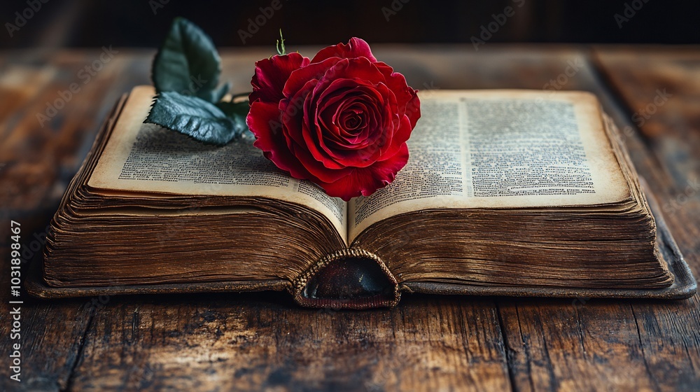 Poster closeup view of an open book with a single red rose gently placed on top on a worn wooden table symb