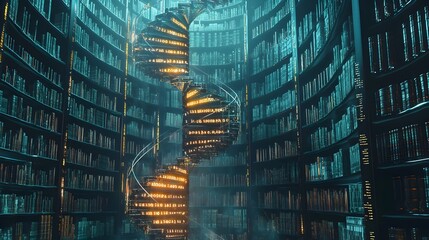 Futuristic Digital Library Stored in a Glowing DNA Helix