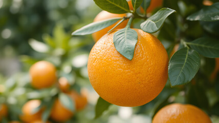 Fresh Oranges Hanging on a Tree Branch