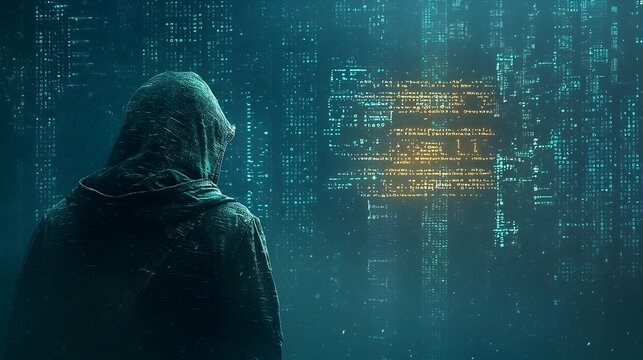 Hacker infiltrating a computer system surrounded by abstract error codes and digital elements representing a cybersecurity breach and technological threat