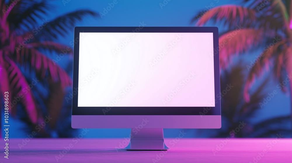 Poster monitor mockup against palm trees in neon light. modern pc display on exotic paradise backdrop templ